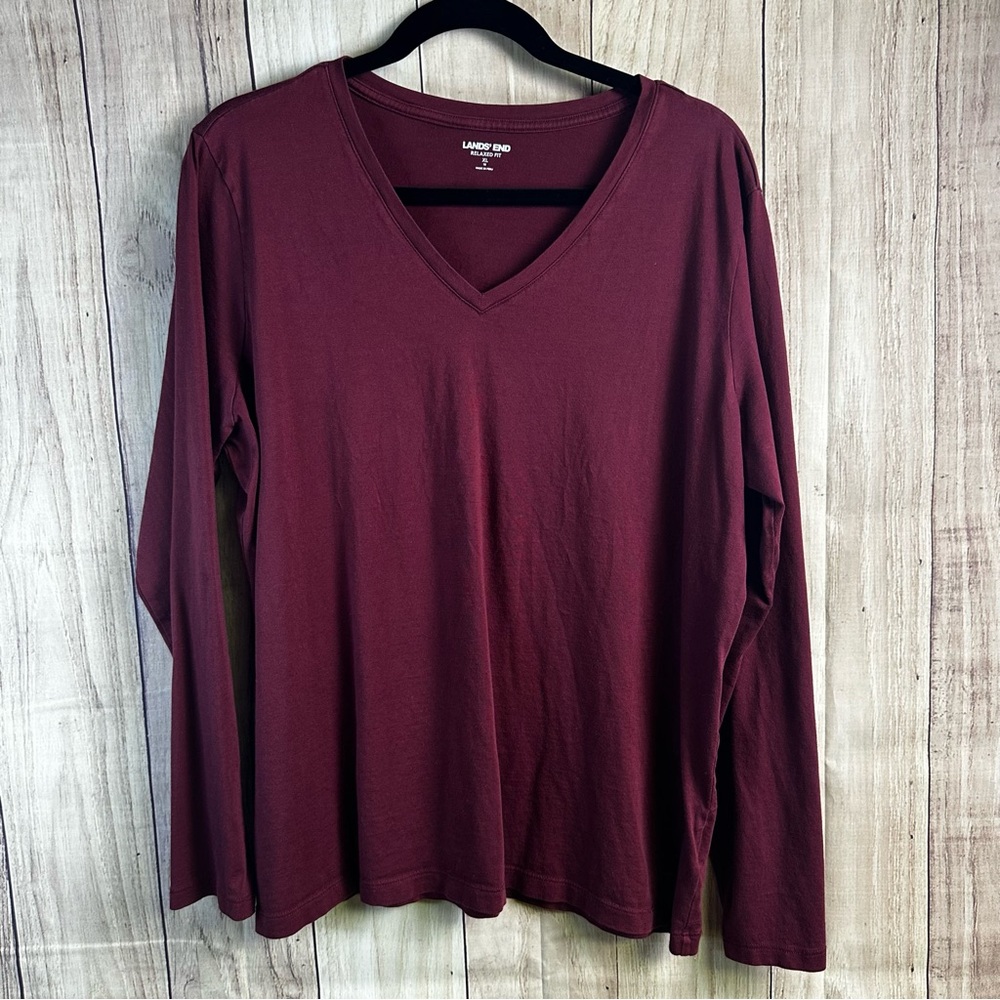 Lands' End Women's Long Sleeve V-Neck Top - Relaxed Fit Burgundy